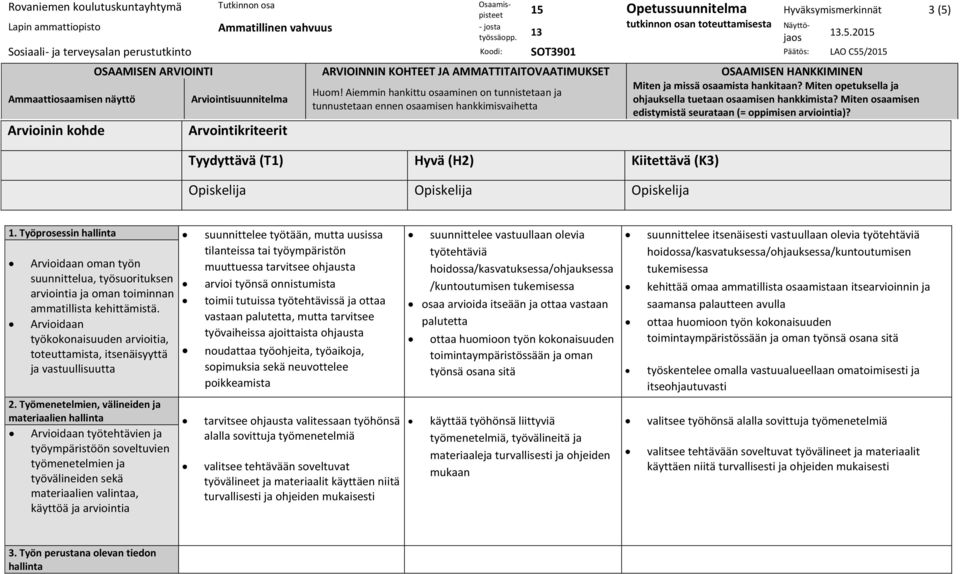 arviointia ja oman toiminnan toimii tutuissa työtehtävissä ja ottaa ammatillista kehittämistä.