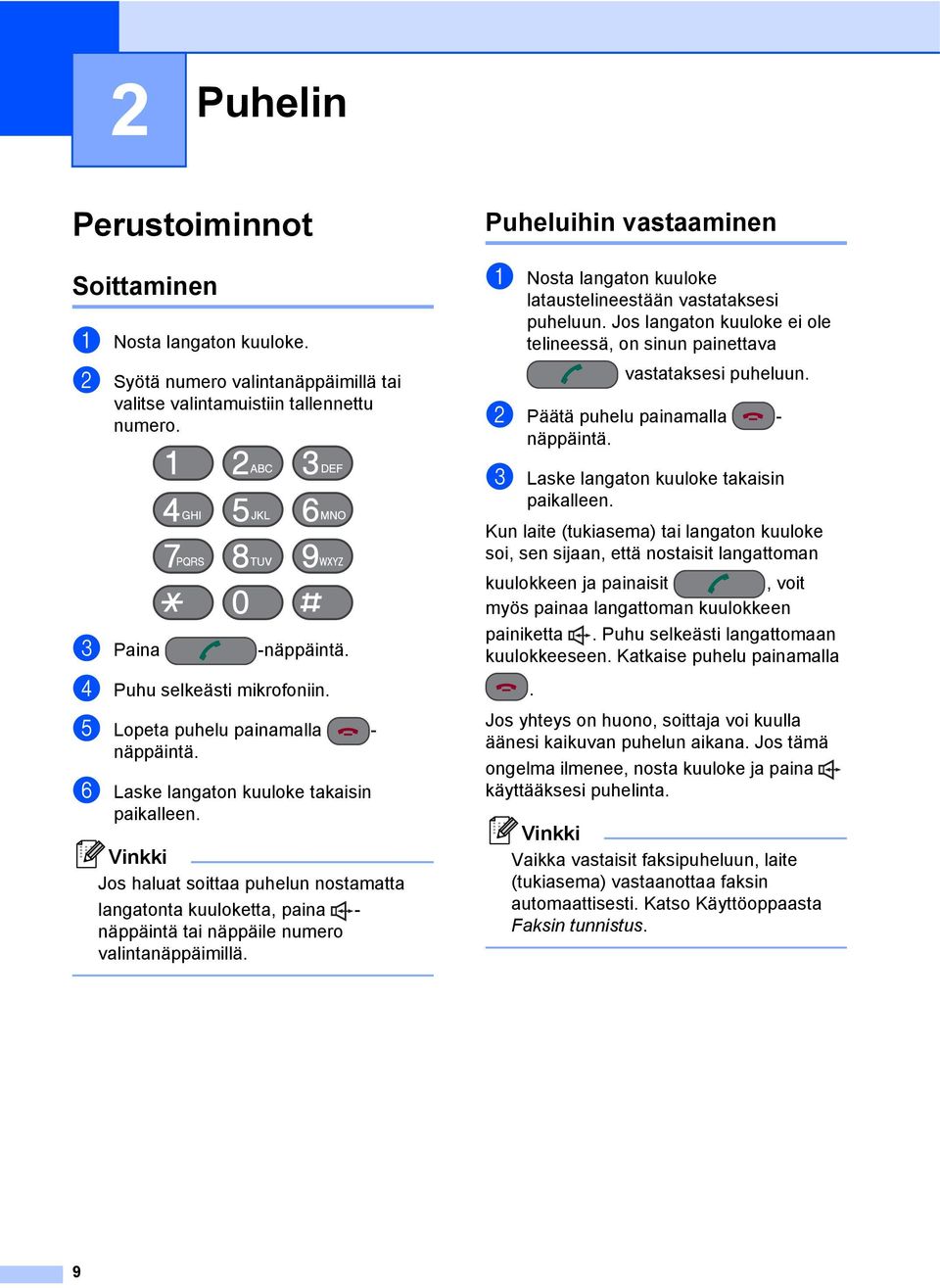 Vinkki Jos haluat soittaa puhelun nostamatta langatonta kuuloketta, paina - näppäintä tai näppäile numero valintanäppäimillä.