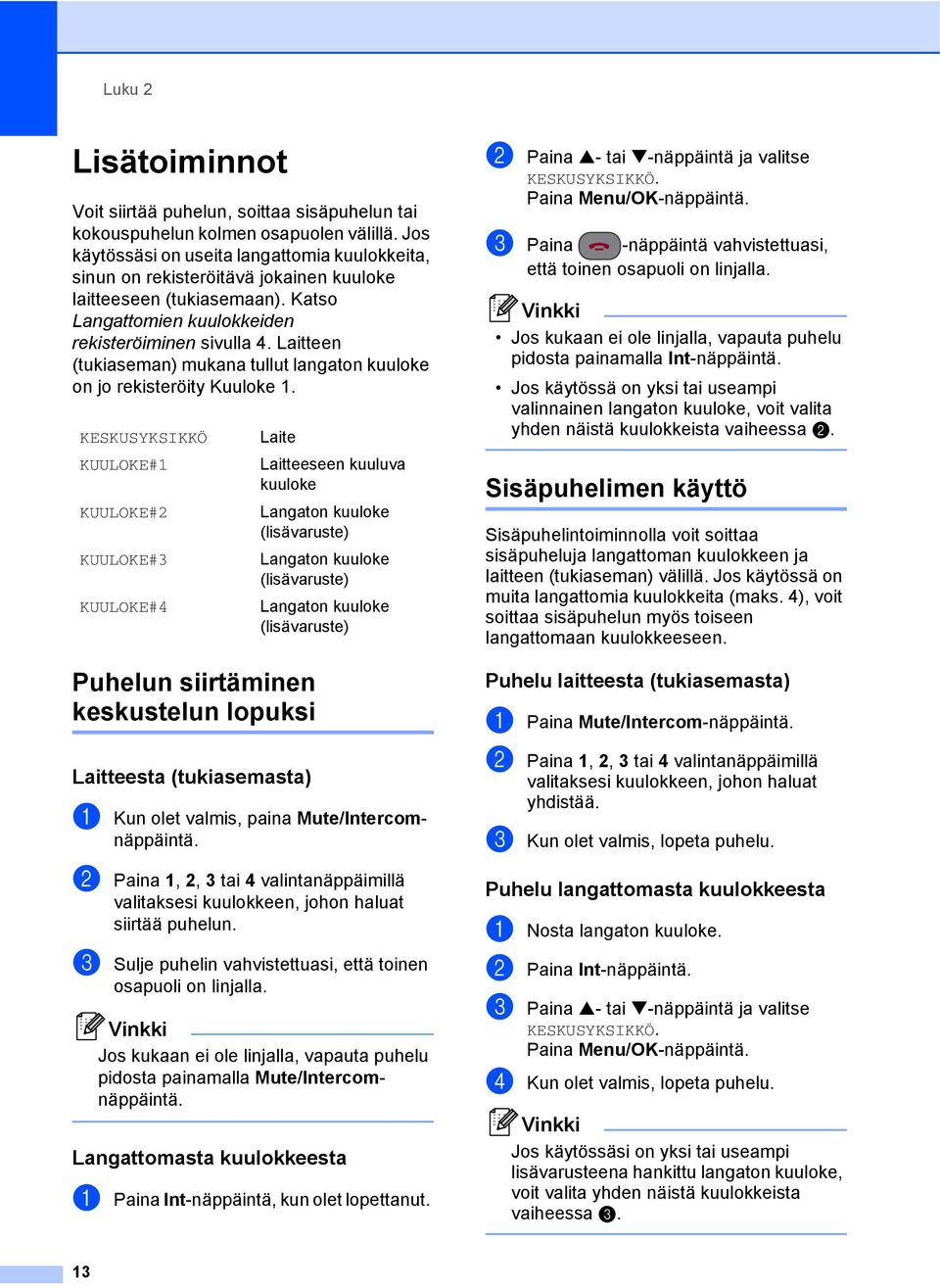 Laitteen (tukiaseman) mukana tullut langaton kuuloke on jo rekisteröity Kuuloke 1.