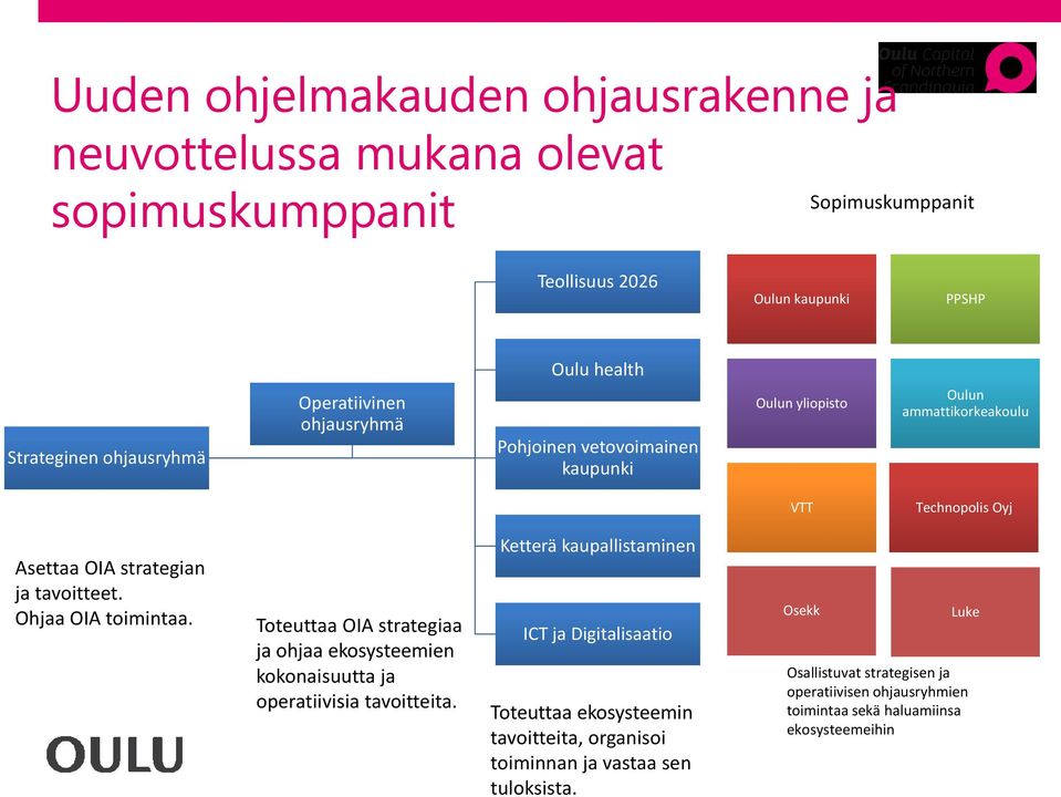 Ohjaa OIA toimintaa. Toteuttaa OIA strategiaa ja ohjaa ekosysteemien kokonaisuutta ja operatiivisia tavoitteita.