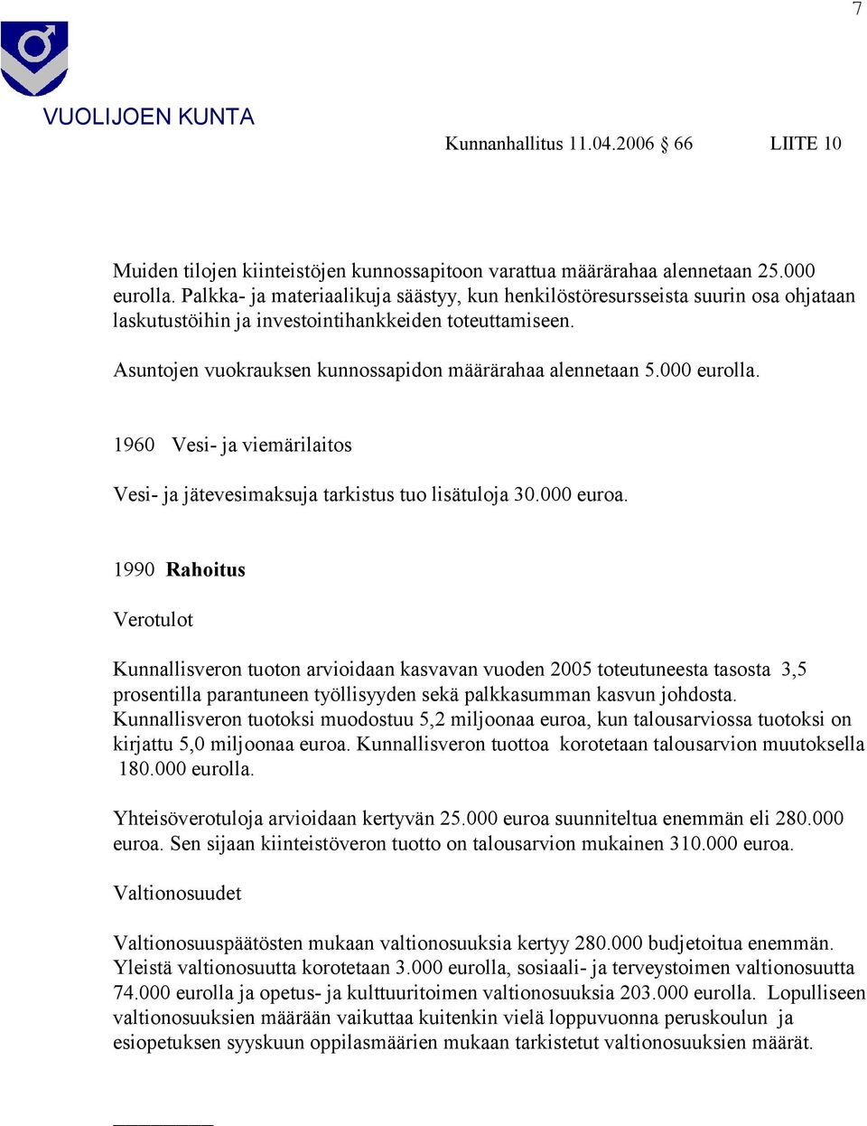 000 eurolla. 1960 Vesi- ja viemärilaitos Vesi- ja jätevesimaksuja tarkistus tuo lisätuloja 30.000 euroa.