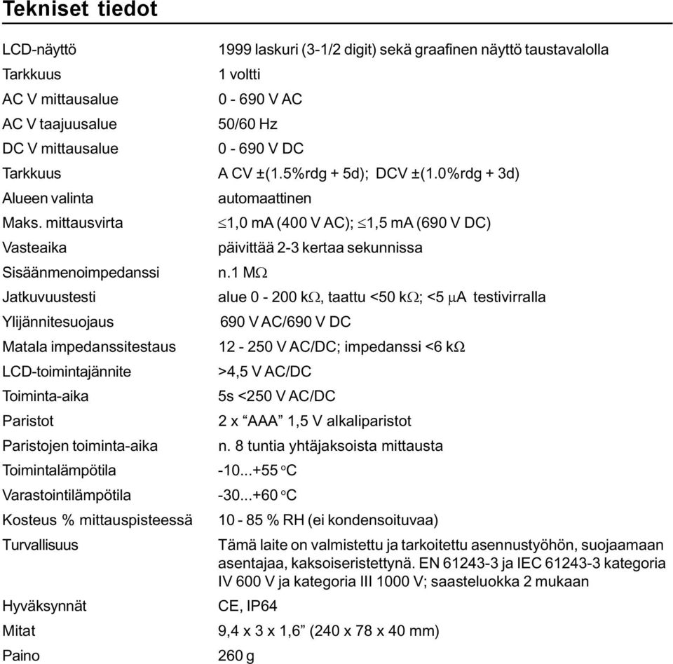 mittausvirta Vasteaika Sisäänmenoimpedanssi Jatkuvuustesti Ylijännitesuojaus Matala impedanssitestaus LCD-toimintajännite Toiminta-aika Paristot Paristojen toiminta-aika Toimintalämpötila
