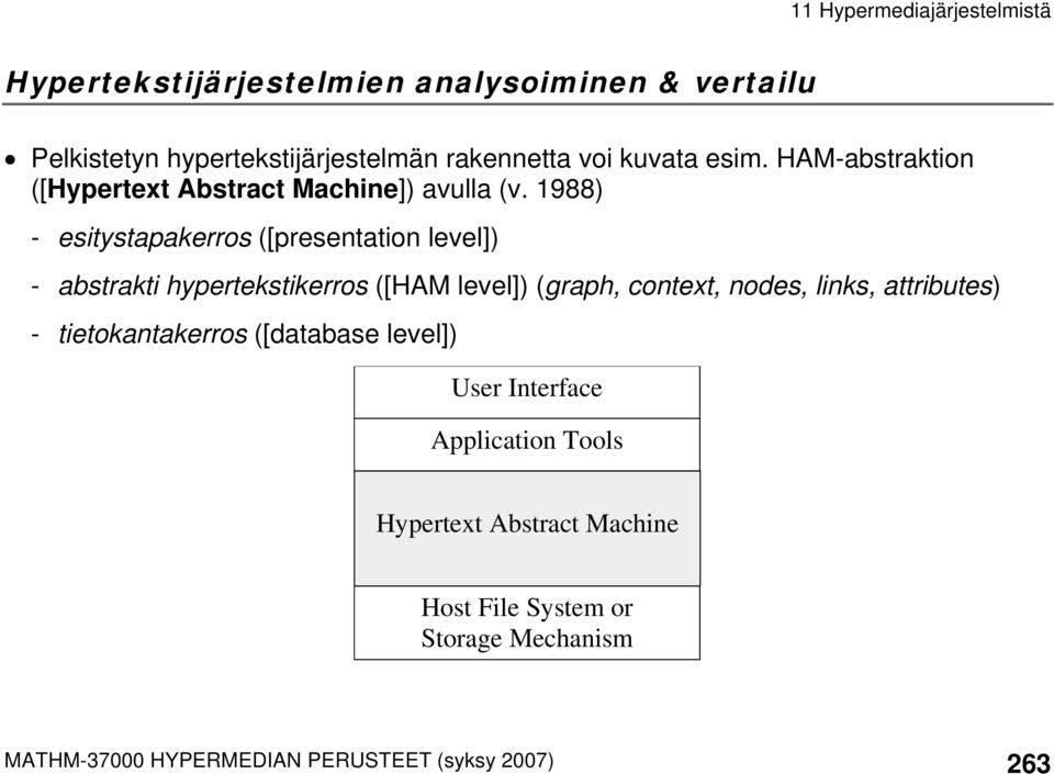 1988) - esitystapakerros ([presentation level]) - abstrakti hypertekstikerros ([HAM level]) (graph, context, nodes, links,