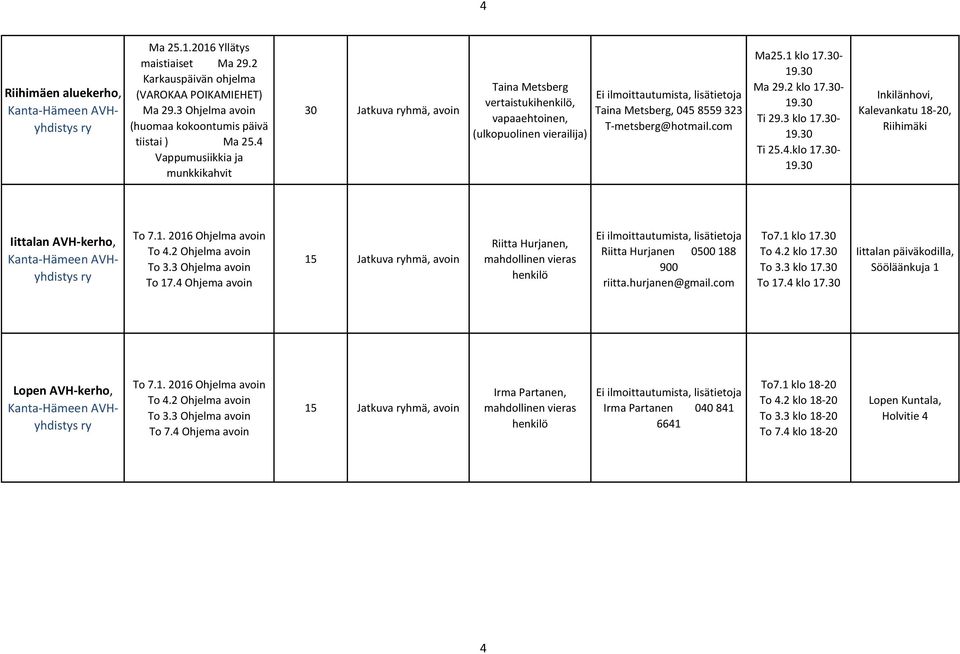 T-metsberg@hotmail.com Ma25.1 klo 17.30-19.30 Ma 29.2 klo 17.30-19.30 Ti 29.3 klo 17.30-19.30 Ti 25.4.klo 17.30-19.30 Inkilänhovi, Kalevankatu 18-20, Riihimäki Iittalan AVH-kerho, AVHyhdistys ry To 7.