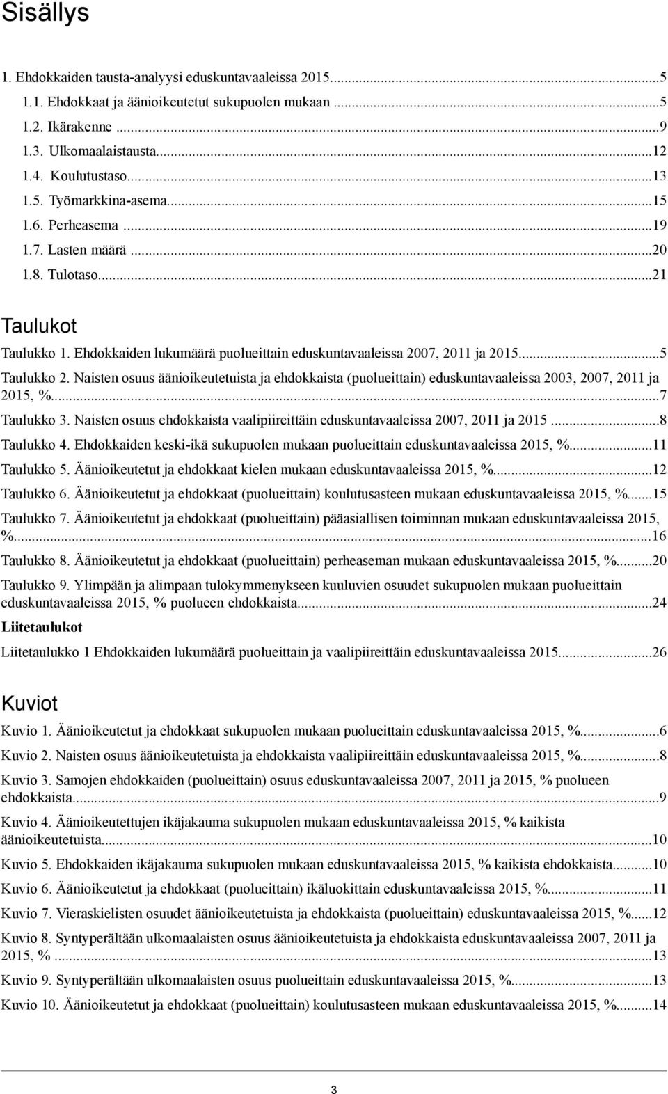 Naisten osuus äänioikeutetuista ja ehdokkaista (puolueittain) eduskuntavaaleissa 2003, 2007, 2011 ja 2015, %...7 Taulukko 3.