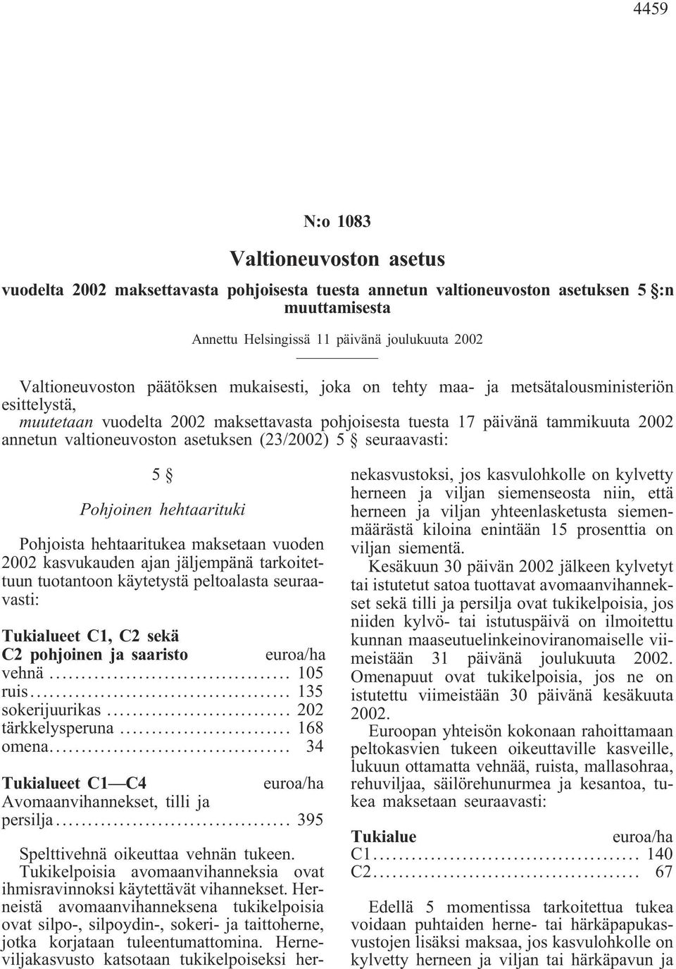 hehtaarituki Pohjoista hehtaaritukea maksetaan vuoden 2002 kasvukauden ajan jäljempänä tarkoitettuun tuotantoon käytetystä peltoalasta seuraavasti: Tukialueet C1, C2 sekä C2 pohjoinen ja saaristo