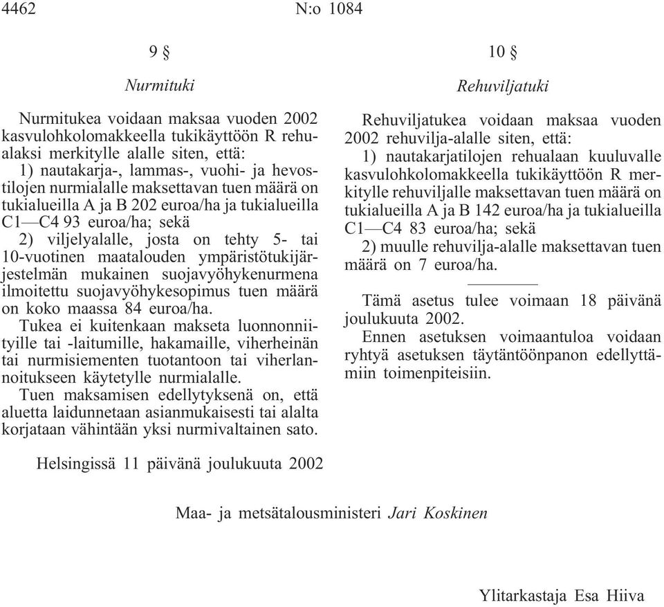 ympäristötukijärjestelmän mukainen suojavyöhykenurmena ilmoitettu suojavyöhykesopimus tuen määrä on koko maassa 84 euroa/ha.