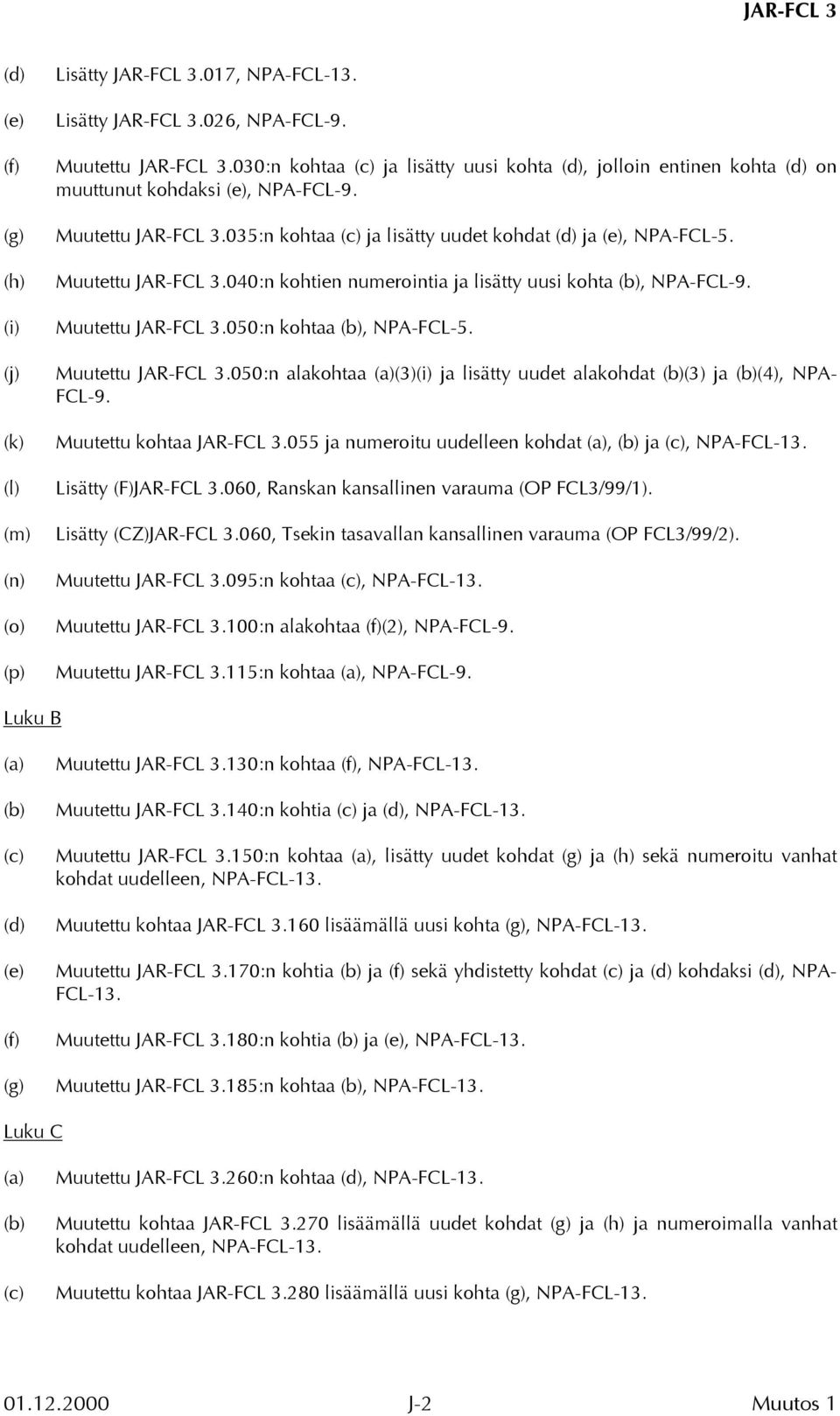 Muutettu JAR-FCL 3.040:n kohtien numerointia ja lisätty uusi kohta (b), NPA-FCL-9. Muutettu JAR-FCL 3.050:n kohtaa (b), NPA-FCL-5. Muutettu JAR-FCL 3.050:n alakohtaa (a)(3)(i) ja lisätty uudet alakohdat (b)(3) ja (b)(4), NPA- FCL-9.