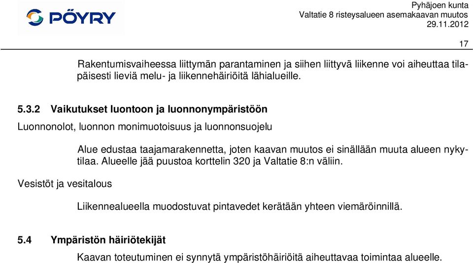 taajamarakennetta, joten kaavan muutos ei sinällään muuta alueen nykytilaa. Alueelle jää puustoa korttelin 320 ja Valtatie 8:n väliin.