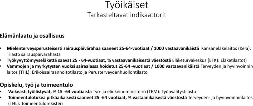 -vuotiaat / 1000 vastaavanikäistä Terveyden ja hyvinvoinnin laitos (THL): Erikoissairaanhoitotilasto ja Perusterveydenhuollontilasto Opiskelu, työ ja toimeentulo Vaikeasti työllistyvät, % 15-64