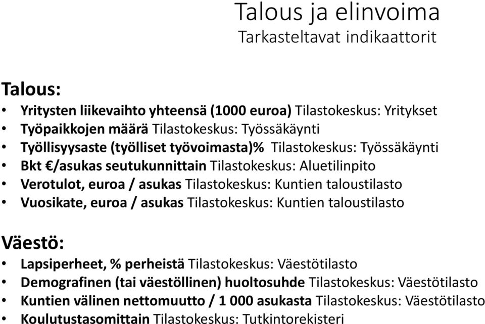 Tilastokeskus: Kuntien taloustilasto Vuosikate, euroa / asukas Tilastokeskus: Kuntien taloustilasto Väestö: Lapsiperheet, % perheistä Tilastokeskus: Väestötilasto