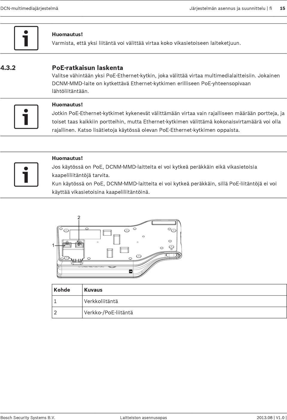 Jokainen DCNM MMD-laite on kytkettävä Ethernet-kytkimen erilliseen PoE-yhteensopivaan lähtöliitäntään. Huomautus!