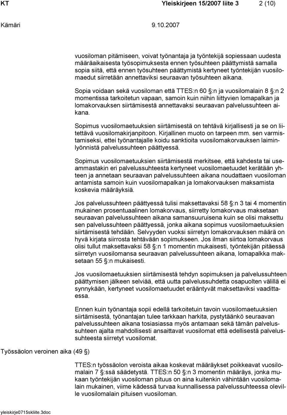 Sopia voidaan sekä vuosiloman että TTES:n 60 :n ja vuosilomalain 8 :n 2 momentissa tarkoitetun vapaan, samoin kuin niihin liittyvien lomapalkan ja lomakorvauksen siirtämisestä annettavaksi seuraavan