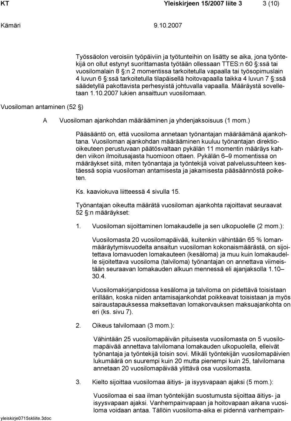 perhesyistä johtuvalla vapaalla. Määräystä sovelletaan 1.10.2007 lukien ansaittuun vuosilomaan. A Vuosiloman ajankohdan määrääminen ja yhdenjaksoisuus (1 mom.