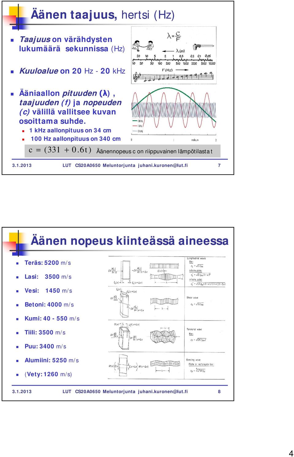 6t ) Äänennopeus c on riippuvainen lämpötilasta t 3.1.2013 LUT CS20A0650 Meluntorjunta juhani.kuronen@lut.