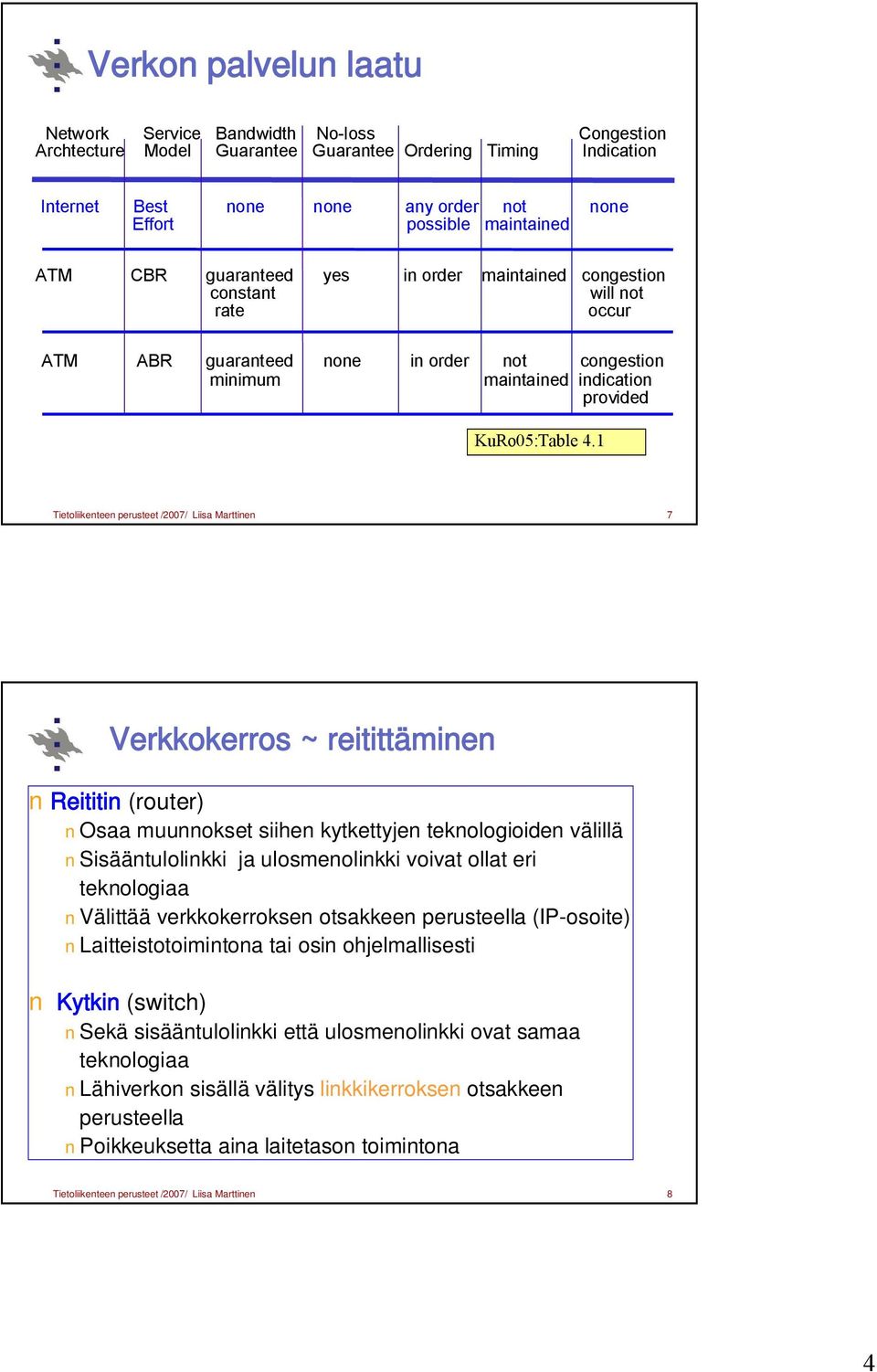 Tietoliikenteen perusteet /007/ Liisa Marttinen 7 Verkkokerros ~ reitittäminen Reititin (router) Osaa muunnokset siihen kytkettyjen teknologioiden välillä Sisääntulolinkki ja ulosmenolinkki voivat