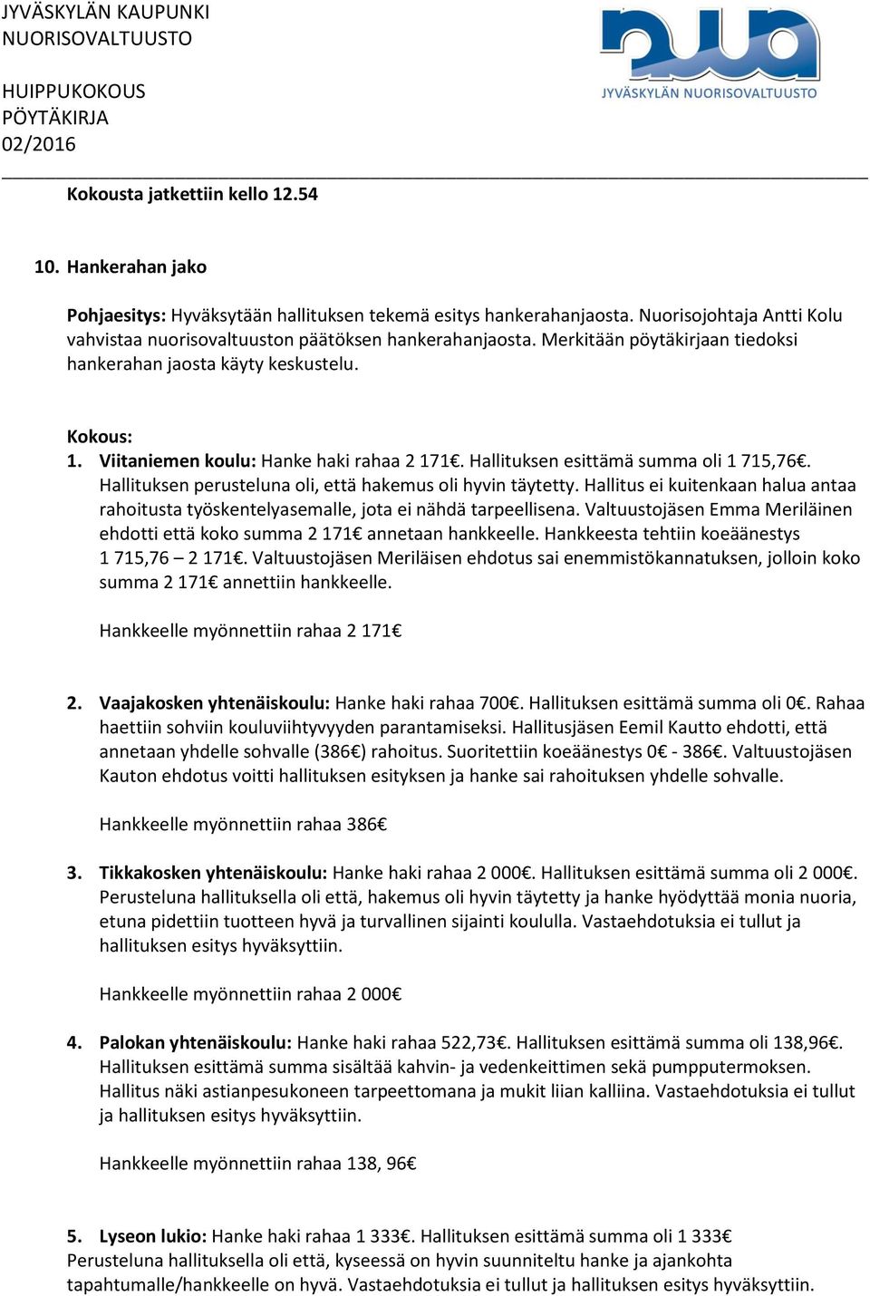 Viitaniemen koulu: Hanke haki rahaa 2 171. Hallituksen esittämä summa oli 1 715,76. Hallituksen perusteluna oli, että hakemus oli hyvin täytetty.