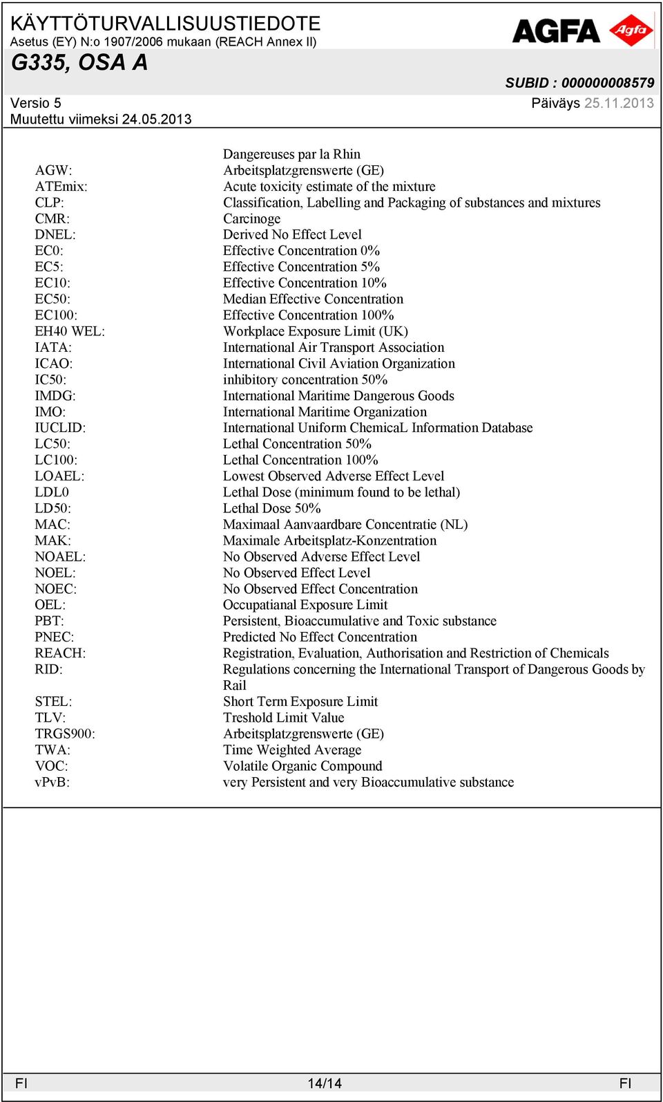 WEL: Workplace Exposure Limit (UK) IATA: International Air Transport Association ICAO: International Civil Aviation Organization IC50: inhibitory concentration 50% IMDG: International Maritime
