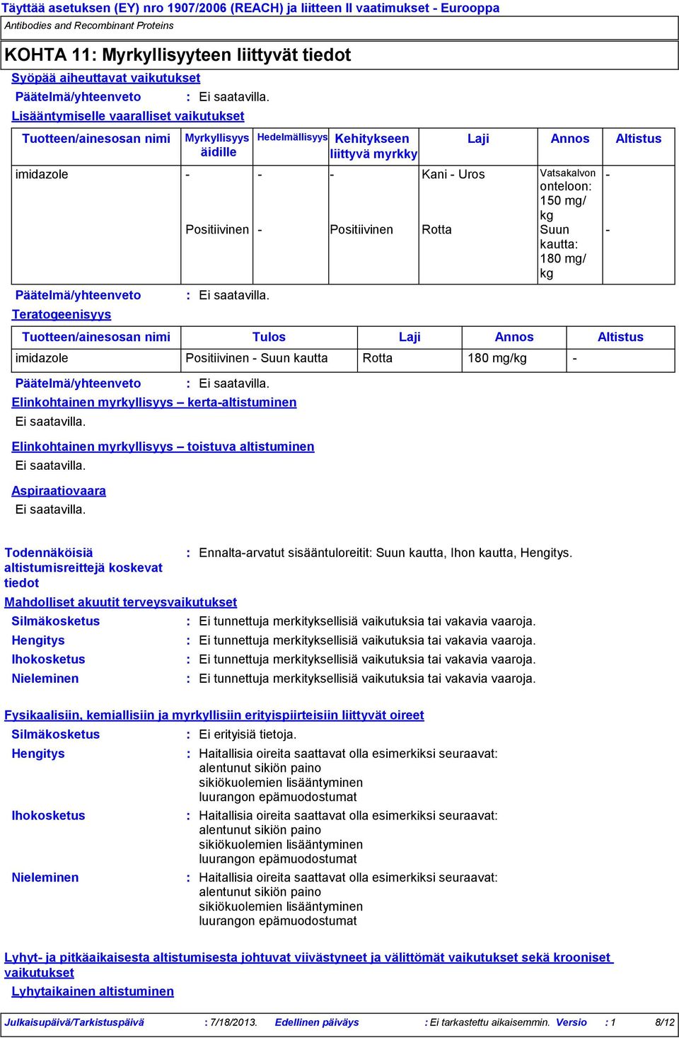 imidazole Kani Uros Vatsakalvon onteloon 150 mg/ kg Positiivinen Positiivinen Rotta Suun kautta 180 mg/ kg Elinkohtainen myrkyllisyys kertaaltistuminen Elinkohtainen myrkyllisyys toistuva