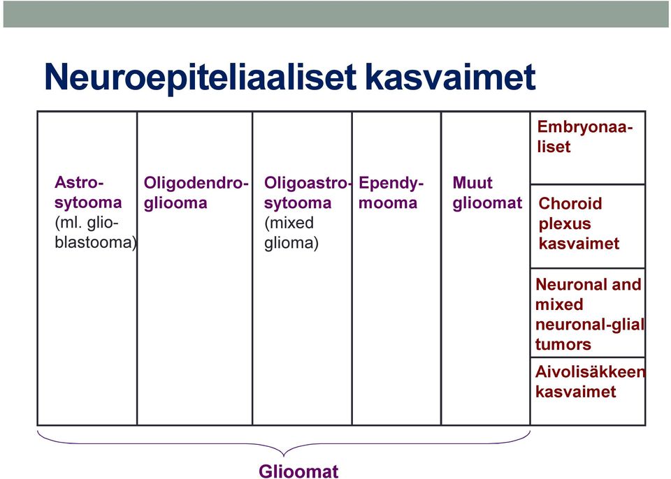 glioma) Ependymooma Muut glioomat Choroid plexus kasvaimet