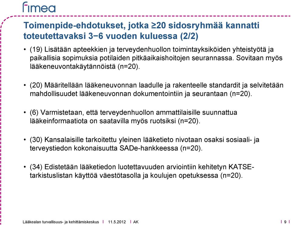 (20) Määritellään lääkeneuvonnan laadulle ja rakenteelle standardit ja selvitetään mahdollisuudet lääkeneuvonnan dokumentointiin ja seurantaan (n=20).