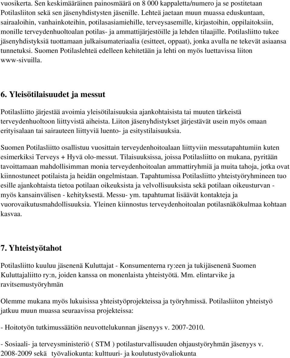 ja lehden tilaajille. Potilasliitto tukee jäsenyhdistyksiä tuottamaan julkaisumateriaalia (esitteet, oppaat), jonka avulla ne tekevät asiaansa tunnetuksi.