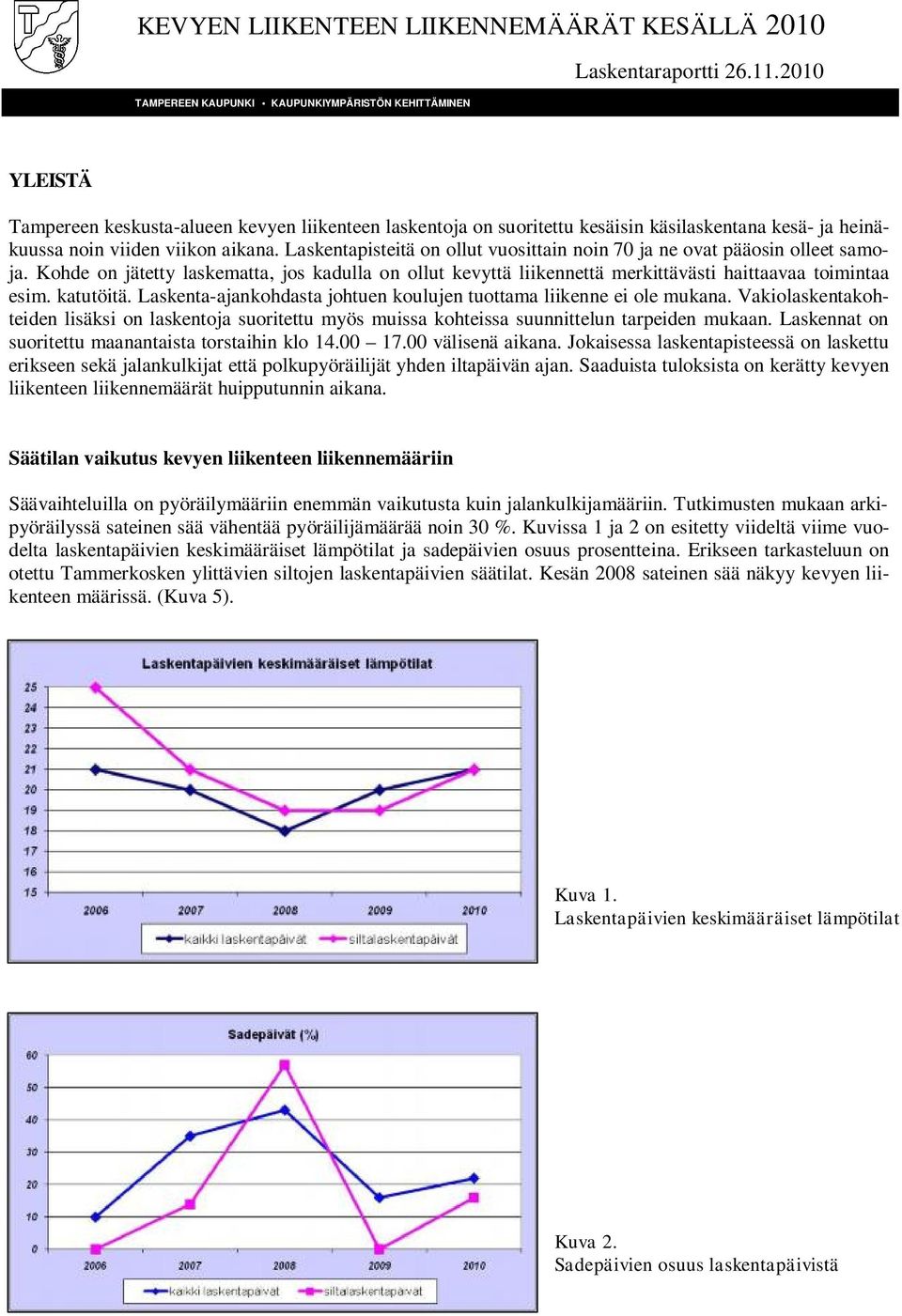 Laskenta-ajankohdasta johtuen koulujen tuottama liikenne ei ole mukana. Vakiolaskentakohteiden lisäksi on laskentoja suoritettu myös muissa kohteissa suunnittelun tarpeiden mukaan.