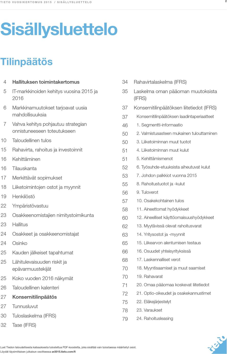 Konsernitilinpäätöksen liitetiedot (IFRS) Konsernitilinpäätöksen laadintaperiaatteet 1. Segmentti-informaatio 2. Valmistusasteen mukainen tulouttaminen 3. Liiketoiminnan muut tuotot 4.