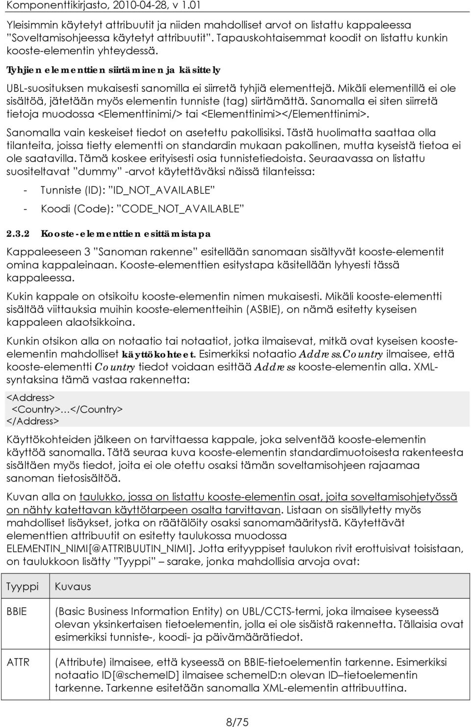 Mikäli elementillä ei ole sisältöä, jätetään myös elementin tunniste (tag) siirtämättä. Sanomalla ei siten siirretä tietoja muodossa <Elementtinimi/> tai <Elementtinimi></Elementtinimi>.