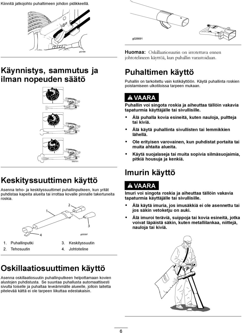 VAARA Puhallin voi singota roskia ja aiheuttaa tällöin vakavia tapaturmia käyttäjälle tai sivullisille. Älä puhalla kovia esineitä, kuten nauloja, pultteja tai kiviä.