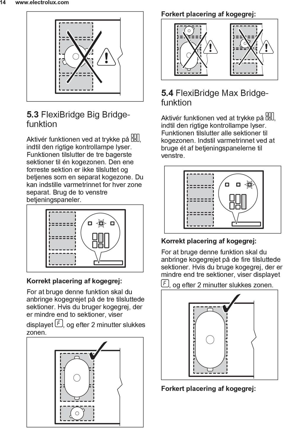 Brug de to venstre betjeningspaneler. 5.4 FlexiBridge Max Bridgefunktion Aktivér funktionen ved at trykke på, indtil den rigtige kontrollampe lyser. Funktionen tilslutter alle sektioner til kogezonen.