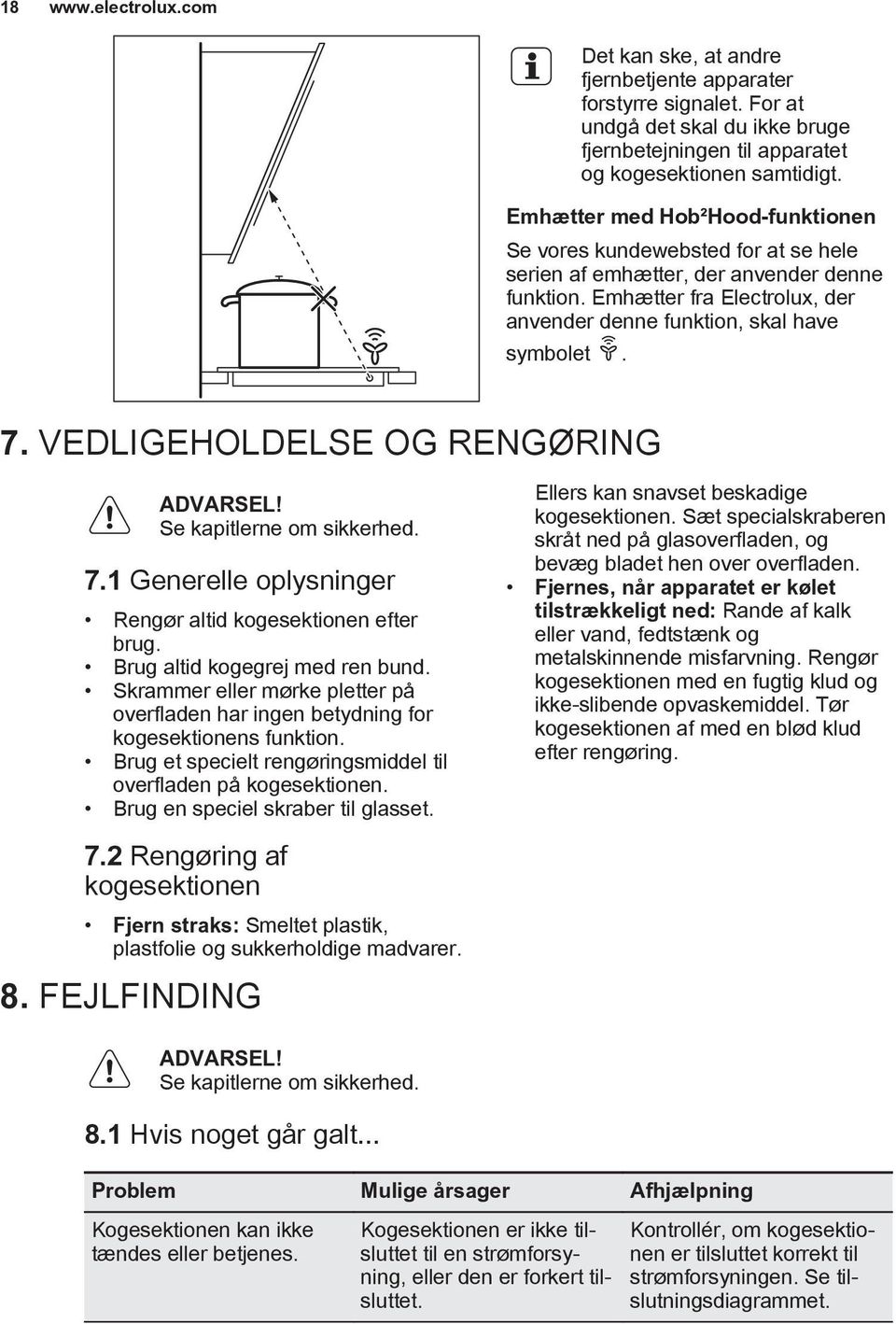 VEDLIGEHOLDELSE OG RENGØRING ADVARSEL! Se kapitlerne om sikkerhed. 7.1 Generelle oplysninger Rengør altid kogesektionen efter brug. Brug altid kogegrej med ren bund.