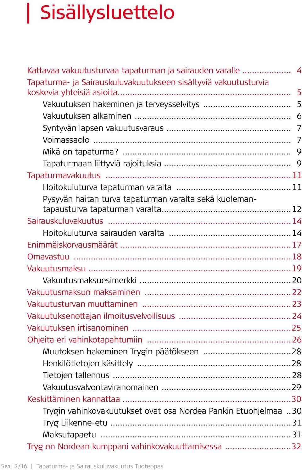 .. 9 Tapaturmavakuutus... 11 Hoitokuluturva tapaturman varalta... 11 Pysyvän haitan turva tapaturman varalta sekä kuolemantapausturva tapaturman varalta... 12 Sairauskuluvakuutus.