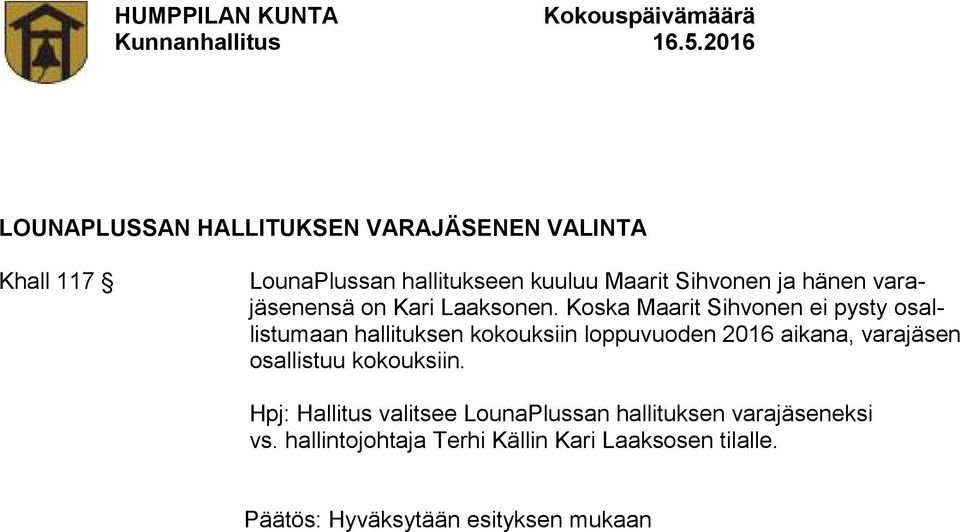 Koska Maarit Sihvonen ei pysty osallistumaan hallituksen kokouksiin loppuvuoden 2016 aikana, varajäsen