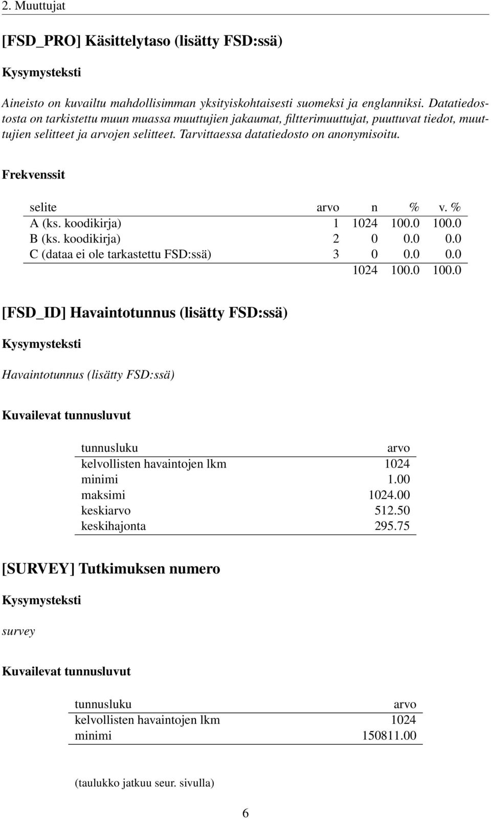 koodikirja) 1 B (ks. koodikirja) 2 0 0.0 0.0 C (dataa ei ole tarkastettu FSD:ssä) 3 0 0.0 0.0 [FSD_ID] Havaintotunnus (lisätty FSD:ssä) Havaintotunnus (lisätty FSD:ssä) Kuvailevat tunnusluvut tunnusluku arvo kelvollisten havaintojen lkm 1024 minimi 1.