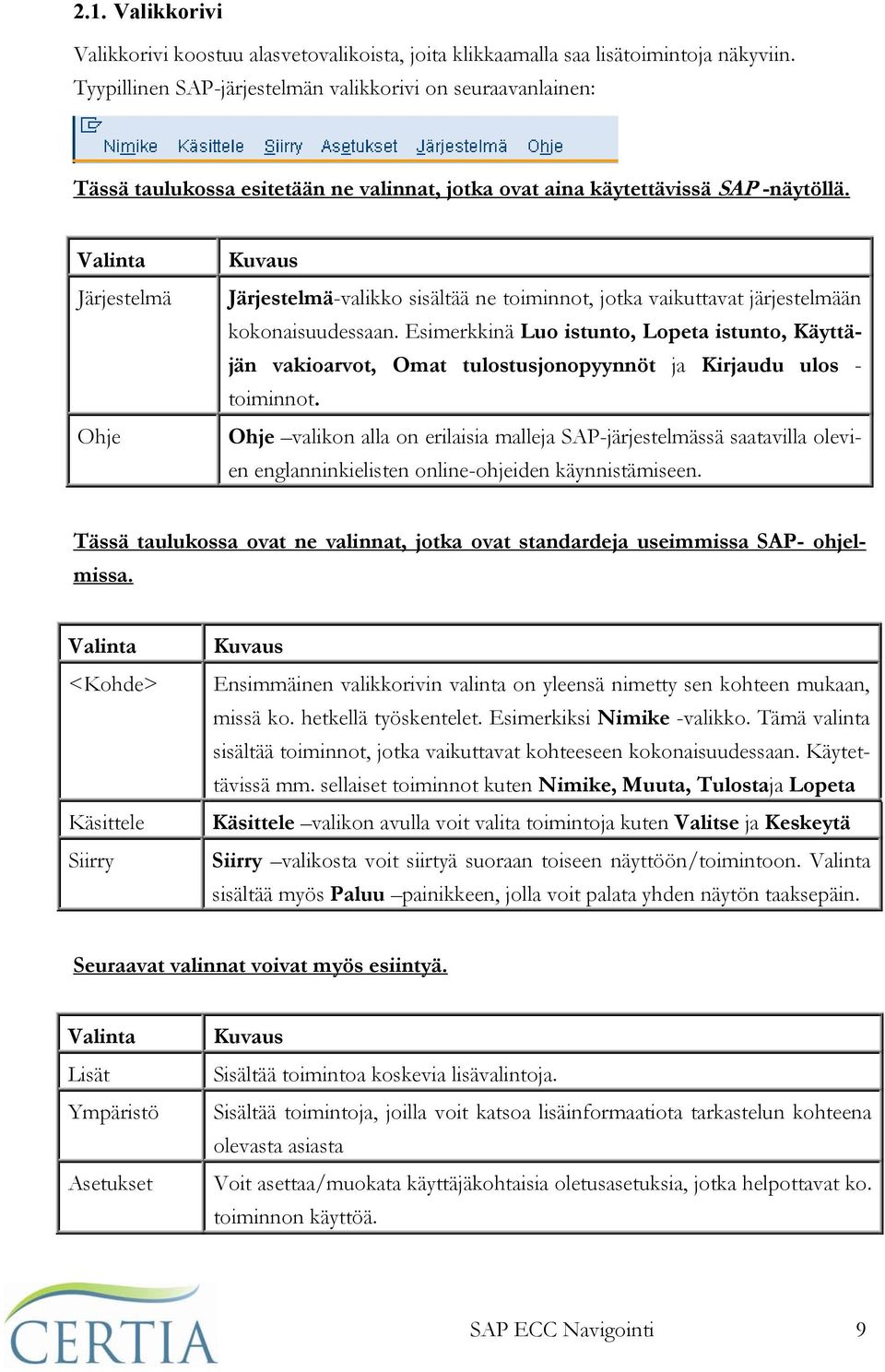 Valinta Järjestelmä Ohje Kuvaus Järjestelmä-valikko sisältää ne toiminnot, jotka vaikuttavat järjestelmään kokonaisuudessaan.
