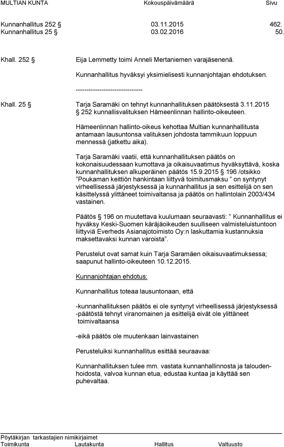 2015 252 kunnallisvalituksen Hämeenlinnan hallinto-oikeuteen.