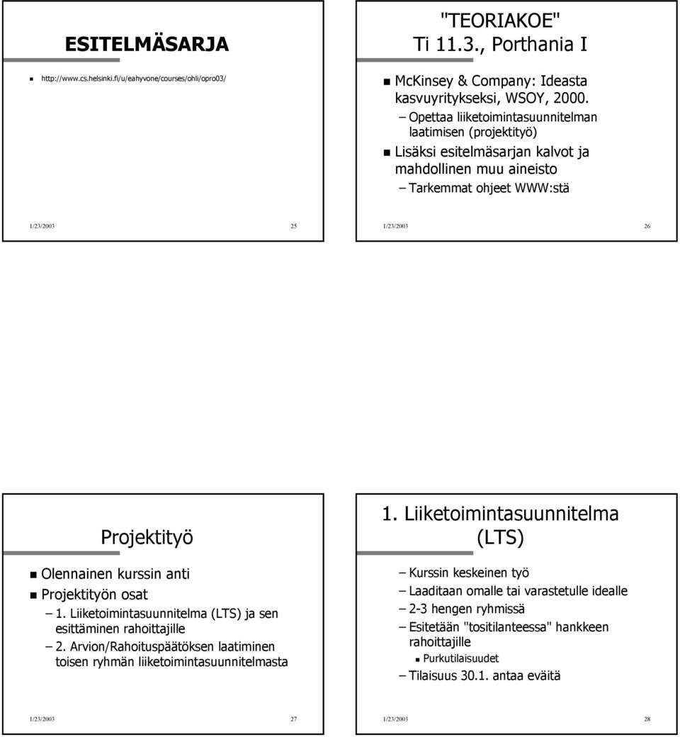 kurssin anti Projektityön osat 1. Liiketoimintasuunnitelma (LTS) ja sen esittäminen rahoittajille 2. Arvion/Rahoituspäätöksen laatiminen toisen ryhmän liiketoimintasuunnitelmasta 1.