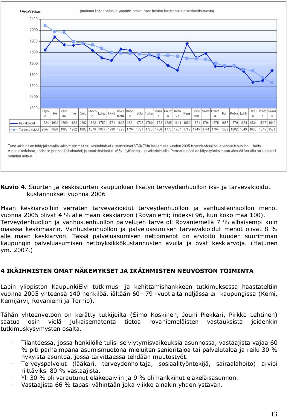 vuonna 2005 olivat 4 % alle maan keskiarvon (Rovaniemi; indeksi 96, kun koko maa 100). Terveydenhuollon ja vanhustenhuollon palvelujen tarve oli Rovaniemellä 7 % alhaisempi kuin maassa keskimäärin.