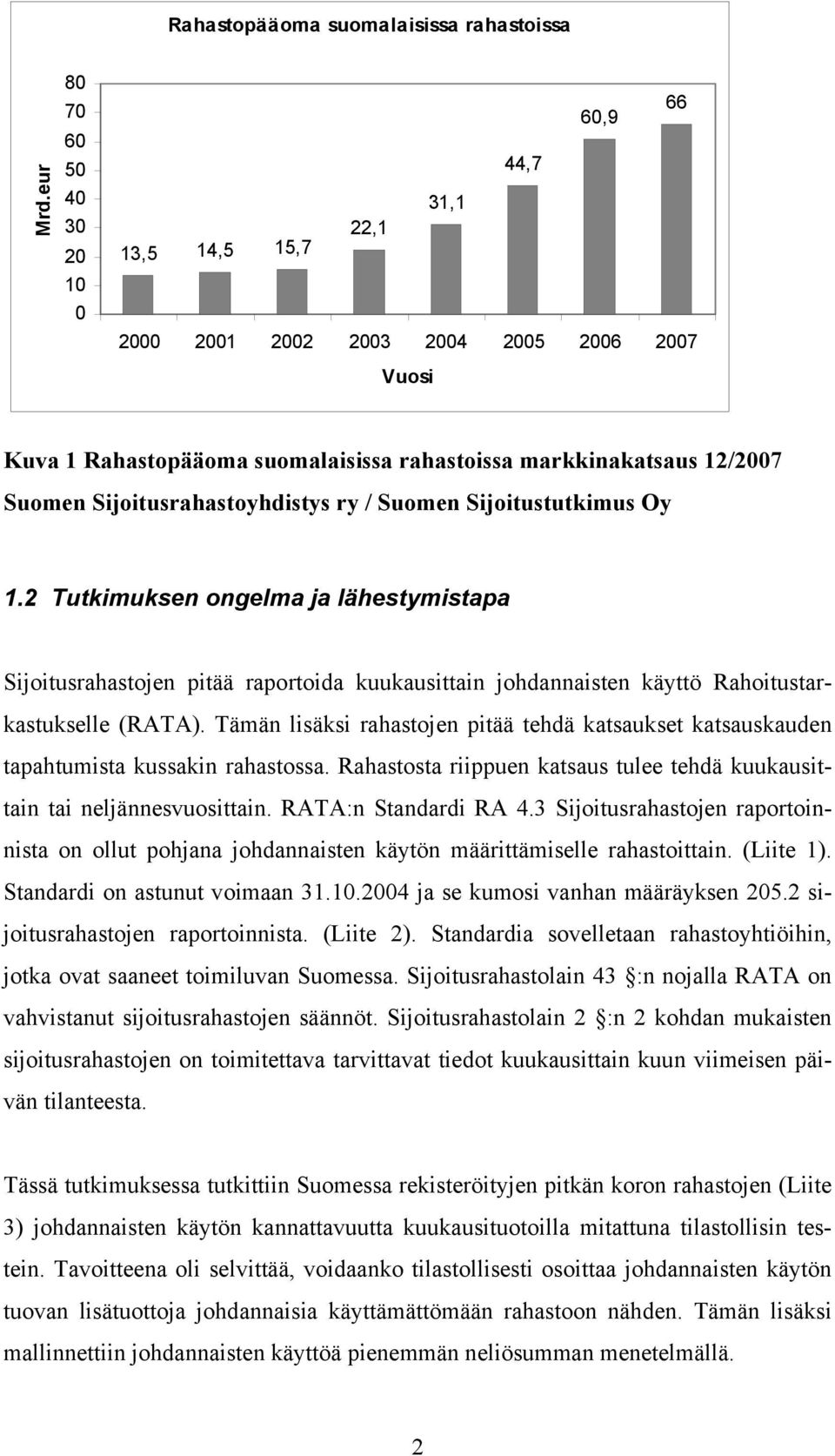 Sjotusrahastoyhdstys ry / Suomen Sjotustutkmus Oy 1.2 Tutkmuksen ongelma ja lähestymstapa Sjotusrahastojen ptää raportoda kuukausttan johdannasten käyttö Rahotustarkastukselle (RATA).