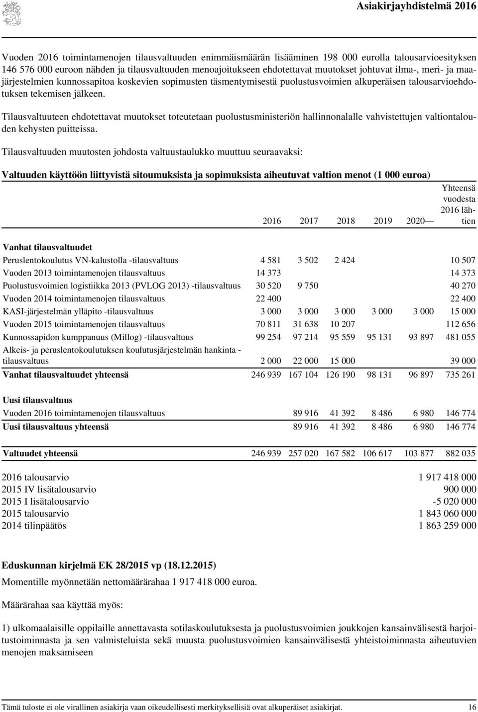 Tilausvaltuuteen ehdotettavat muutokset toteutetaan puolustusministeriön hallinnonalalle vahvistettujen valtiontalouden kehysten puitteissa.