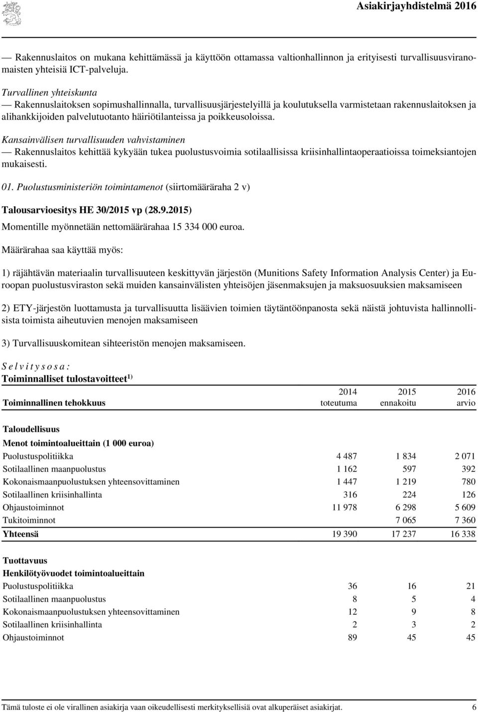poikkeusoloissa. Kansainvälisen turvallisuuden vahvistaminen Rakennuslaitos kehittää kykyään tukea puolustusvoimia sotilaallisissa kriisinhallintaoperaatioissa toimeksiantojen mukaisesti. 01.