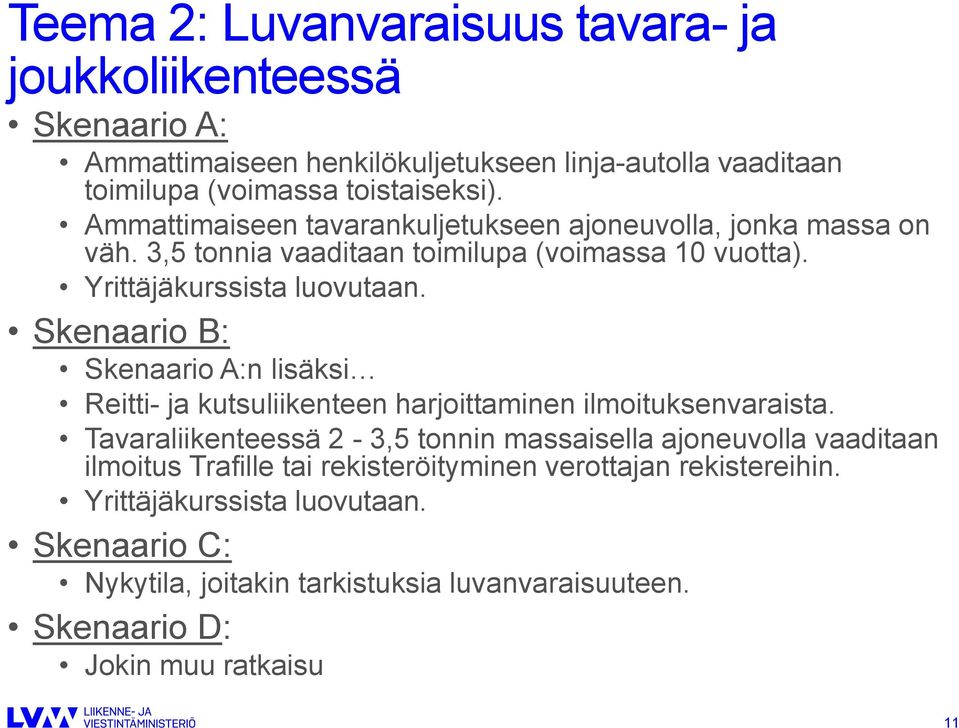 Skenaario B: Skenaario A:n lisäksi Reitti- ja kutsuliikenteen harjoittaminen ilmoituksenvaraista.