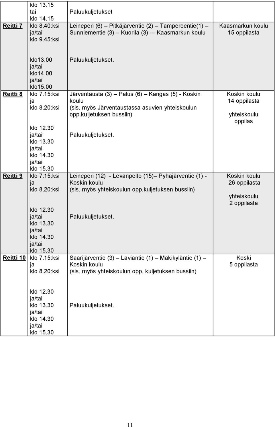 00 klo 7.15:ksi ja klo 8.20:ksi klo 12.30 klo 13.30 klo 14.30 klo 15.30 klo 7.15:ksi ja klo 8.20:ksi klo 12.30 klo 13.30 klo 14.30 klo 15.30 Reitti 10 klo 7.15:ksi ja klo 8.20:ksi Paluukuljetukset.