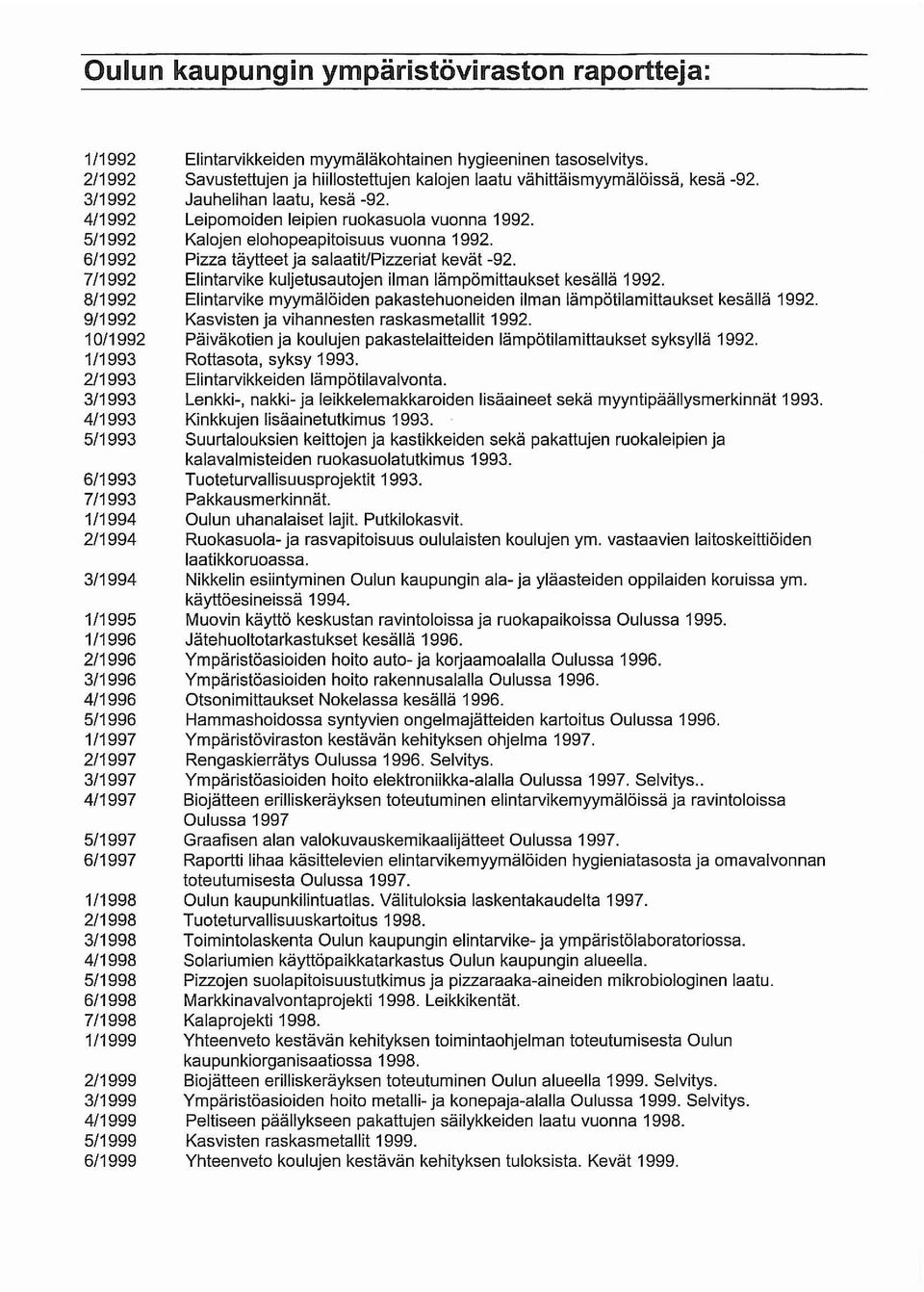 myymäläkohtainen hygieeninen tasoselvitys. Savustettujen ja hiiliostettujen kalojen laatu vähittäismyymälöissä, kesä -92. Jauhelihan laatu, kesä -92. Leipomoiden leipien ruokasuola vuonna 1992.