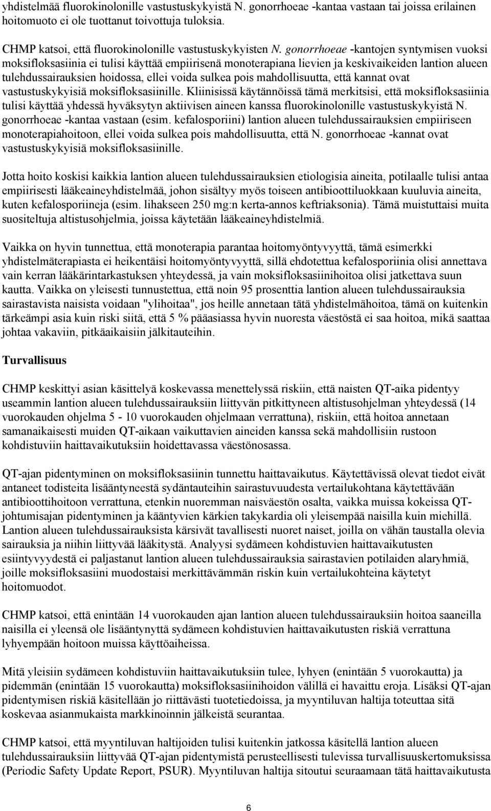 gonorrhoeae -kantojen syntymisen vuoksi moksifloksasiinia ei tulisi käyttää empiirisenä monoterapiana lievien ja keskivaikeiden lantion alueen tulehdussairauksien hoidossa, ellei voida sulkea pois