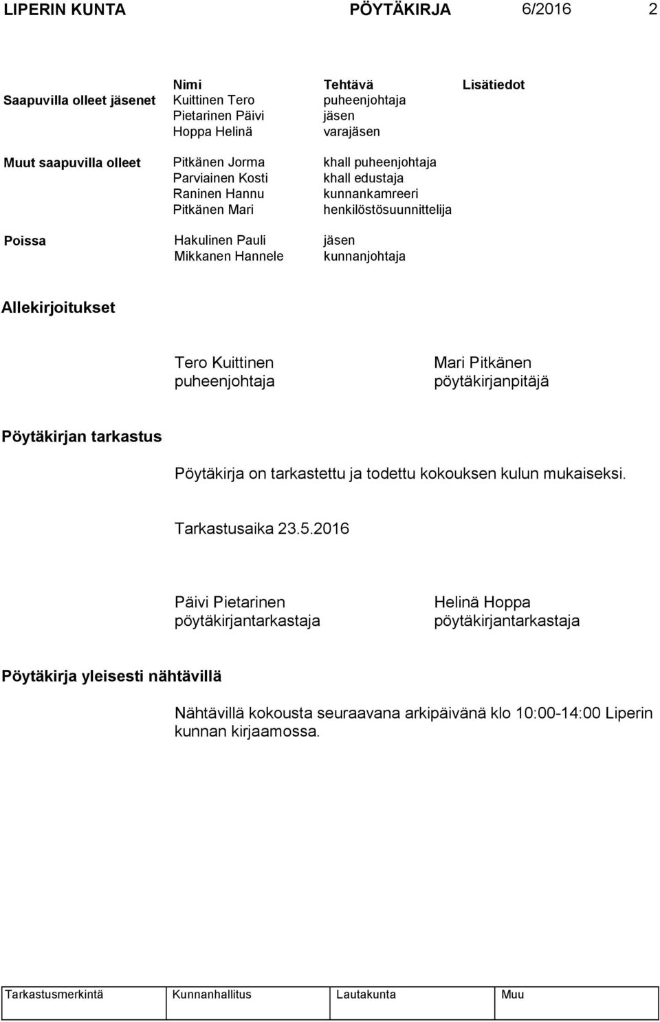 kunnanjohtaja Allekirjoitukset Tero Kuittinen puheenjohtaja Mari Pitkänen pöytäkirjanpitäjä Pöytäkirjan tarkastus Pöytäkirja on tarkastettu ja todettu kokouksen kulun mukaiseksi.