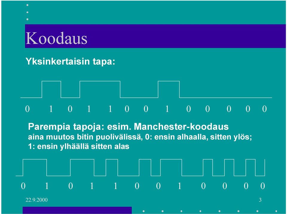 Manchester-koodaus aina muutos bitin puolivälissä, 0: