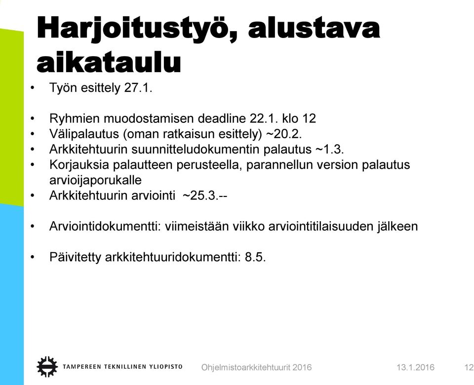 Korjauksia palautteen perusteella, parannellun version palautus arvioijaporukalle Arkkitehtuurin arviointi