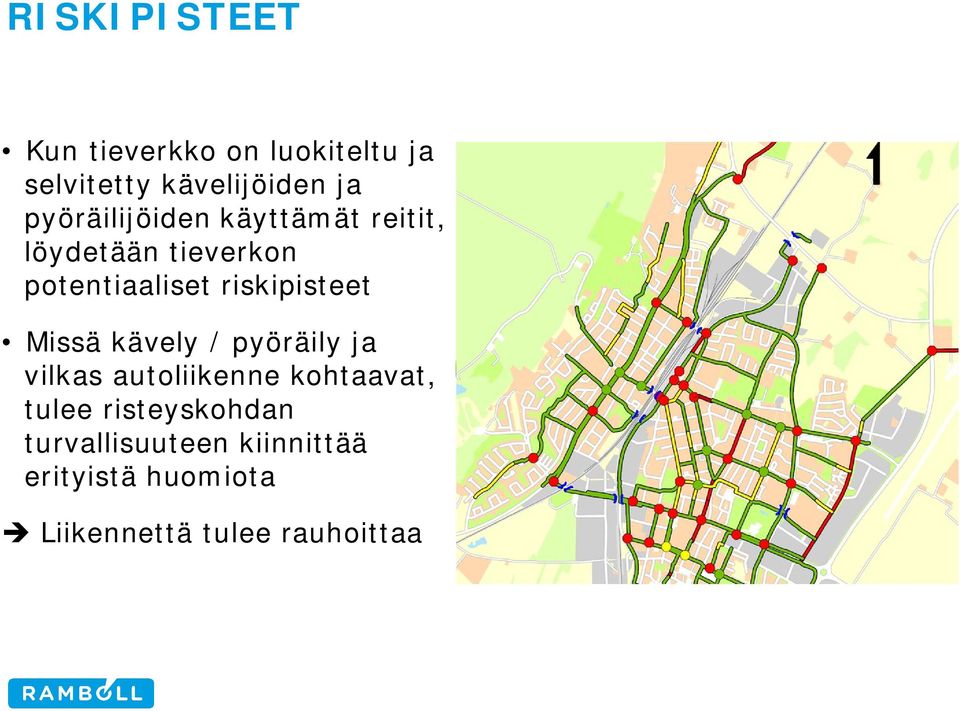 riskipisteet Missä kävely / pyöräily ja vilkas autoliikenne kohtaavat, tulee